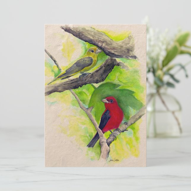 Scharlachrote Tanager Vögel Aquarellmalerkarte Mitteilungskarte (Stehend Vorderseite)