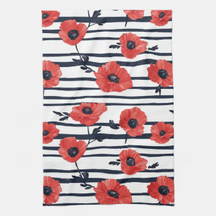 Scharlachroter Mohn Navy Streifen Moderne Botanik Geschirrtuch