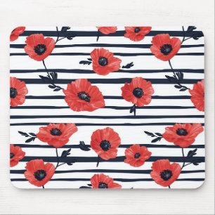 Scharlachroter Mohn Navy Streifen Moderne Botanik Mousepad