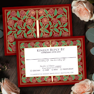 Scharlachrotes Gold Floralschwert Königliche Hochz RSVP Karte