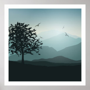 Schatten BergSmokey des grüne Blues-einsamen Baums Poster