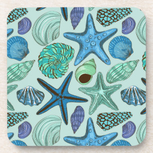 Schatten der blauen Seashells und des Getränkeuntersetzer