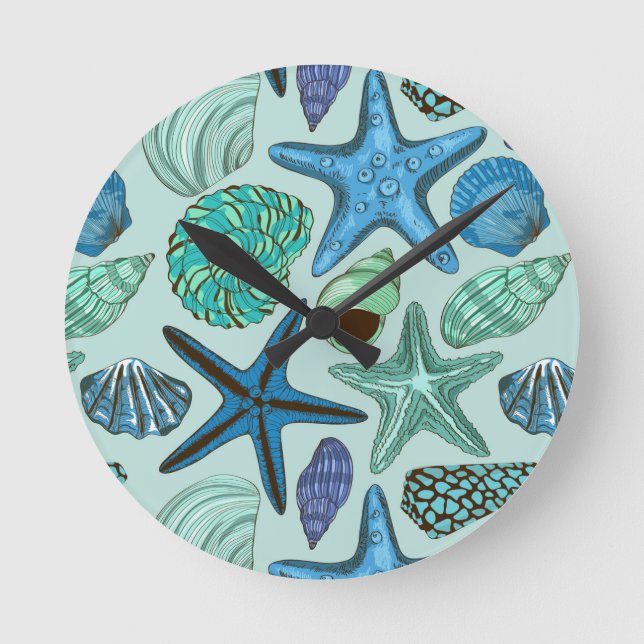 Schatten der blauen Seashells und des Runde Wanduhr (Vorderseite)
