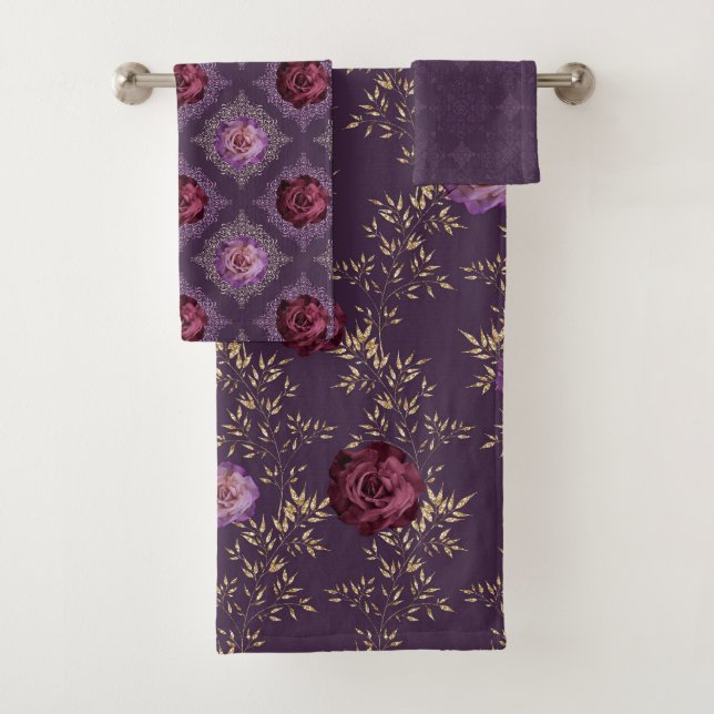 SCHATTEN LILA FLORALER ROSE UND GOLD-BLÄTTER BADHANDTUCH SET (Insitu)