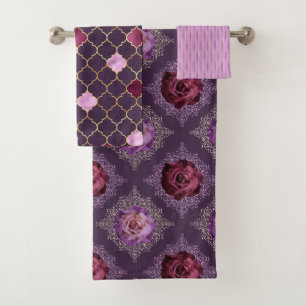 SCHATTEN LILA FLORALER ROSE UND GOLD-BLÄTTER BADHANDTUCH SET