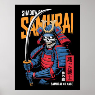 Schatten-Samurai-Skelettkrieger in blauer Rüstung Poster