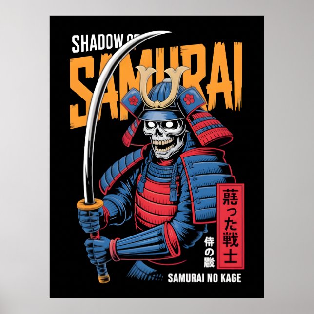 Schatten-Samurai-Skelettkrieger in blauer Rüstung  Poster (Vorne)