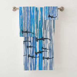 Schatten von Blauem, Grau und Weißen Streifen und Badhandtuch Set