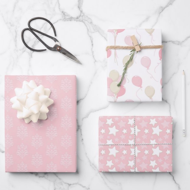 SCHATTEN VON PINK & TAN BALLOONS & STARS GESCHENKPAPIER SET (Vorderseite)