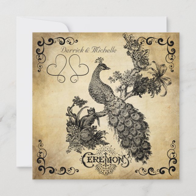 Schattierte Vintage Pfau-Hochzeits-Sahneeinladung Einladung (Vorderseite)