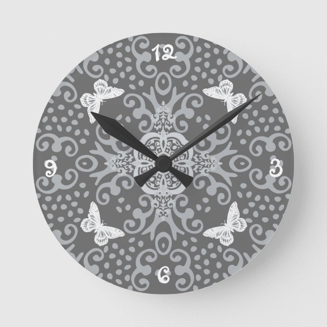 Schattierungen der grauen Schmetterlingsblume Runde Wanduhr (Vorderseite)