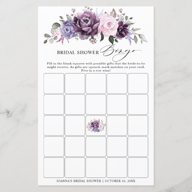Schattierungen des Lila Blooms Brautparty Bingo (Vorderseite)