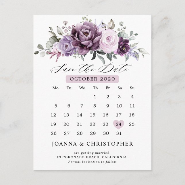 Schattierungen des Lila Kalenders Save the Date Postkarte (Vorderseite)