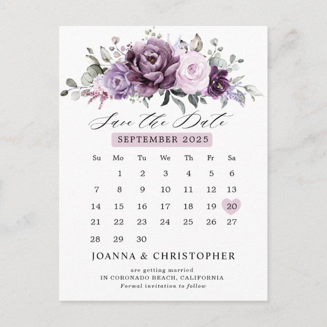 Schattierungen des Lila Kalenders Save the Date Postkarte (Vorderseite)