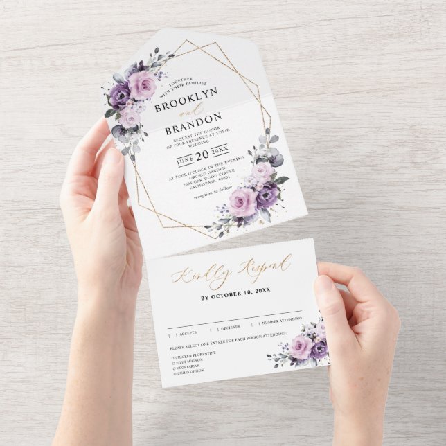 Schattierungen Lila Blooms Geometrische Hochzeiten All In One Einladung (Abreißen)