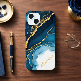 Schattierungen von Blau und Gold-Alkohol-Tinte mit iPhone 15 Hülle