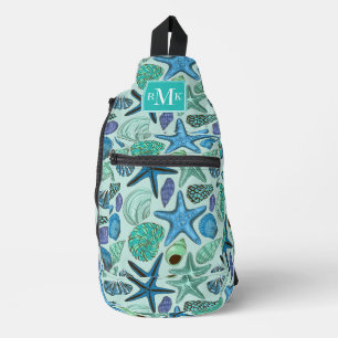 Schattierungen von blauen Muscheln und Sternengefl Crossbody Bag
