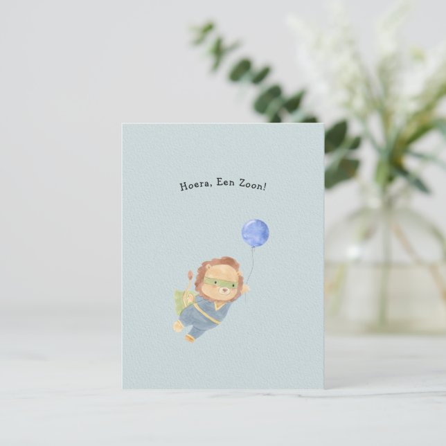 Schattige Leeuw Met Ballon Welkom Nieuwe Baby Postkarte (Stehend Vorderseite)