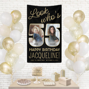 Schau mal, wer 55 ist! Schwarze und goldene Geburt Banner