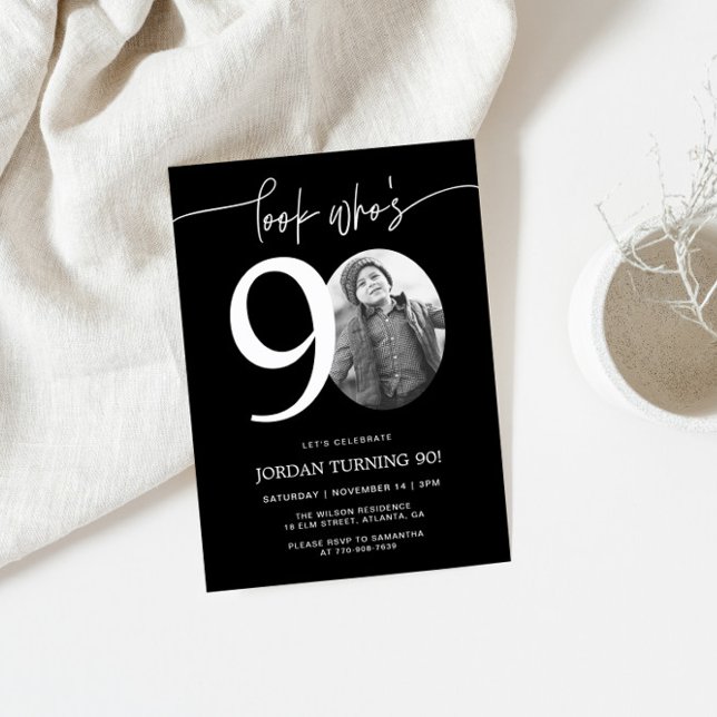 Schau mal, wer ist 90 | Black 90. Birthday Invite Einladung (Von Creator hochgeladen)