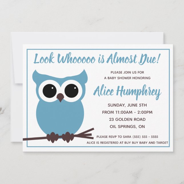 Schau, wer fast fällig ist! Blue Owl Baby Dusche Einladung (Vorderseite)