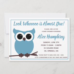 Schau, wer fast fällig ist! Blue Owl Baby Dusche Einladung