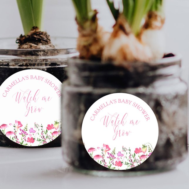 Schauen Sie mir zu, wie ich eine Pink-Wildblume-Ki Runder Aufkleber (Watch me Grow baby shower favor stickers from my Pink Wildflower Collection. )