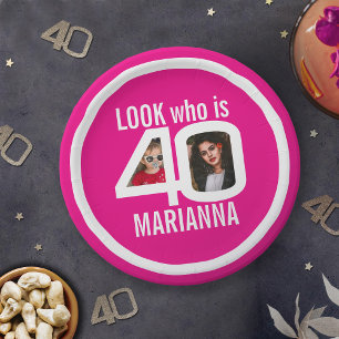 Schauen Sie, wer 40. Geburtstag 2 Foto weiß rosa P Pappteller