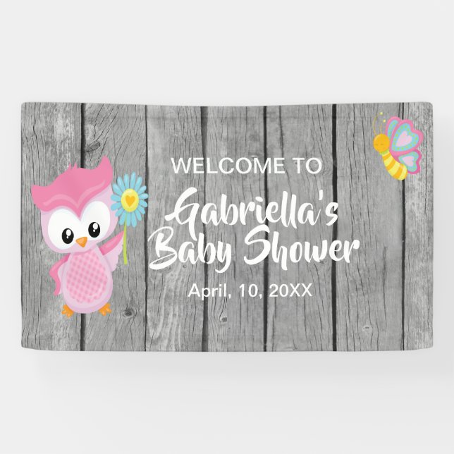 Schauen Sie, wer Babyparty-rosa Eulen-Fahne ist Banner (Horizontal)