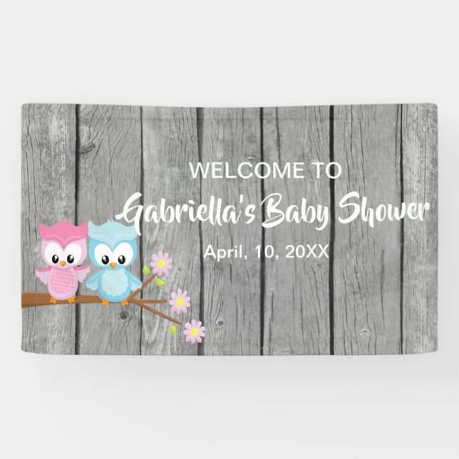 Schauen Sie, wer Zwillings-Babyparty-Eulen-Fahne Banner (Horizontal)