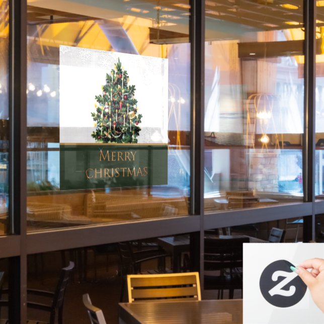 Schaufenster froher Weihnachtsbaum mit Schneeflock Fensteraufkleber (Restaurantfenster)