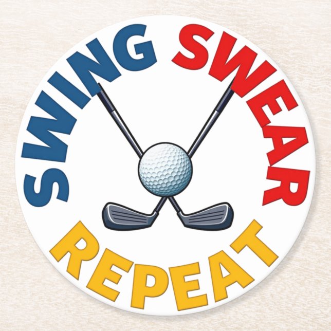 Schaukel, Swear, Wiederholung: Funny Golf Design Runder Pappuntersetzer (Vorderseite)