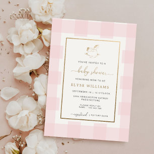 Schaukelpferd Rosa Gingham-Baby-Party Folien-Einla Folieneinladung
