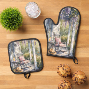 Schaukelstuhl-Szene auf der Veranda mit Glyzinien Ofenhandschuh & Topflappen-Set