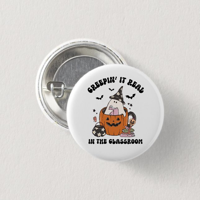 Schaurig süßer Retro-Halloween-Lehrer Button (Vorne & Hinten)