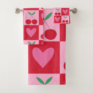 Scheckige Kirschen mit rosa Herzen Muster Badhandtuch Set