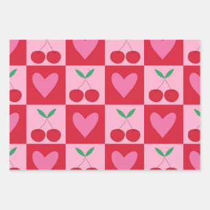 Scheckige Kirschen mit rosa Herzen Muster Geschenkpapier Set