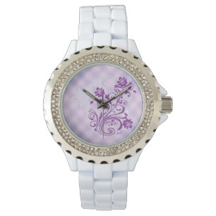 Scheckige lila Blumenwirbel Weißer Rhinestone-Uhr Armbanduhr