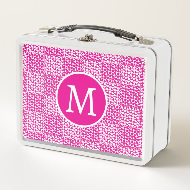 Scheckte Liebe in Magenta und Weißes Monogramm Metall Brotdose (Vorderseite)