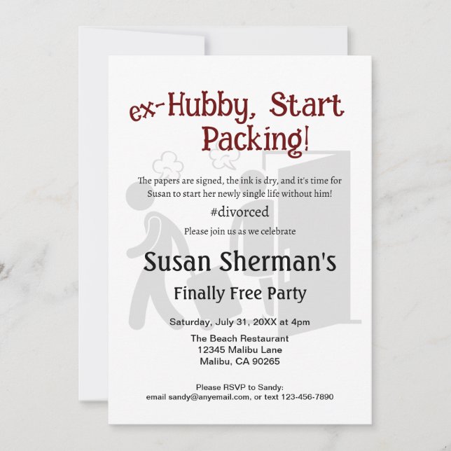 Scheidung Party Celebration Ex Hubby Start Packing Einladung (Vorderseite)