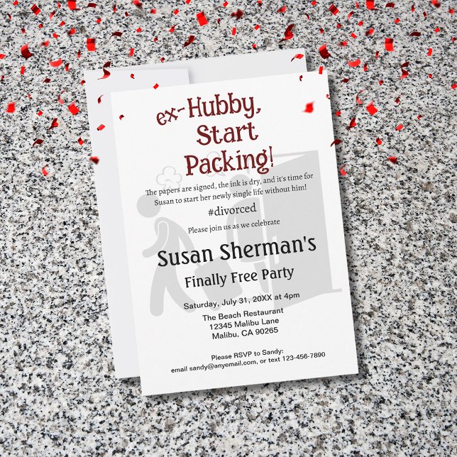 Scheidung Party Celebration Ex Hubby Start Packing Einladung (Celebrate her divorce with a finally free party! Cute Ex-Hubby, Start Packing! theme in red & black.)