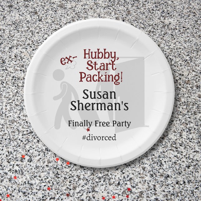 Scheidung Party Celebration Ex Hubby Start Packing Pappteller (Divorce Party custom paper plates with the "ex-Hubby, Start Packing!" party decor theme.)