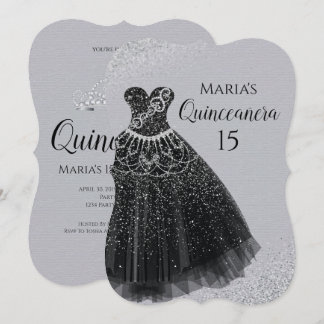 Schein-Kleiderschwarz-Silber Quinceañera Einladung