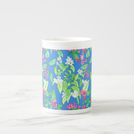 Scheinorange, Weigela, Rosa, weiß auf hellem Blau Prozellantasse