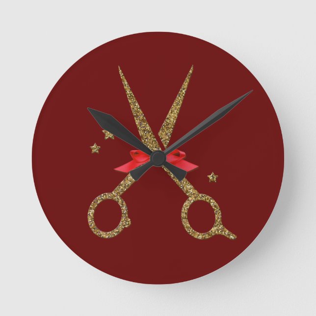 Schere aus goldenem Glitzer - Friseur Stylist Runde Wanduhr (Vorderseite)