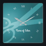 Schere | Cyan | Friseursalon Quadratische Wanduhr<br><div class="desc">Dunkle cyan Wand Uhr mit einem Paar Schere,  weiße römische Zahlen,  und die Möglichkeit,  Ihren Namen oder den Namen Ihres Unternehmens hinzuzufügen.</div>
