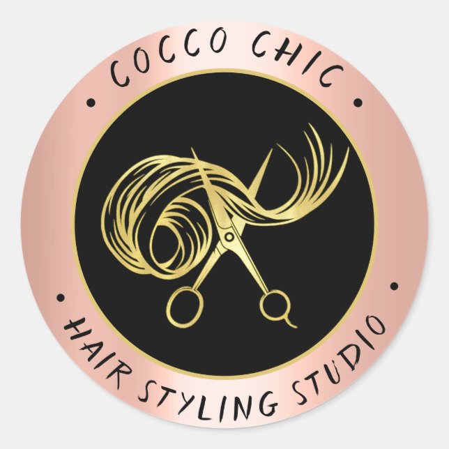 Schere Haar Logo Name Vielen Dank Gold Rose Runder Aufkleber (Vorderseite)