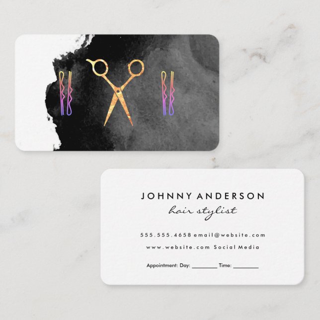 Schere Haare Button | Schwarz der Wasserfarbe Terminkarte (Vorne/Hinten)