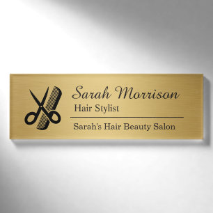 Schere-Kamm-Haar-Stylist-Salon gebürstetes Gold Namenschild