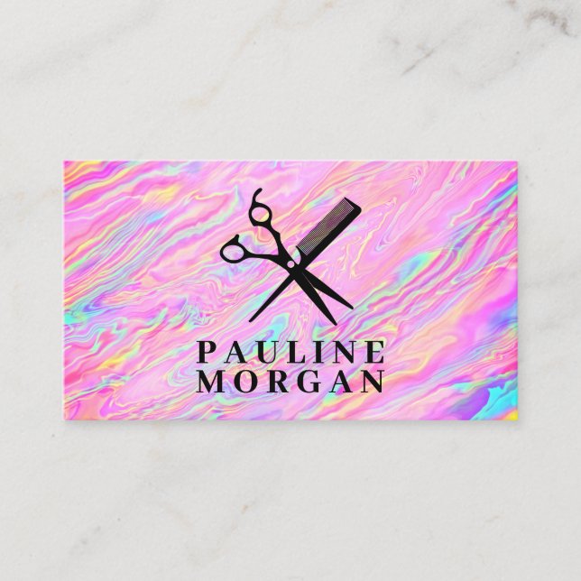 Schere und Kamm | Holografische Iridescent Visitenkarte (Vorderseite)